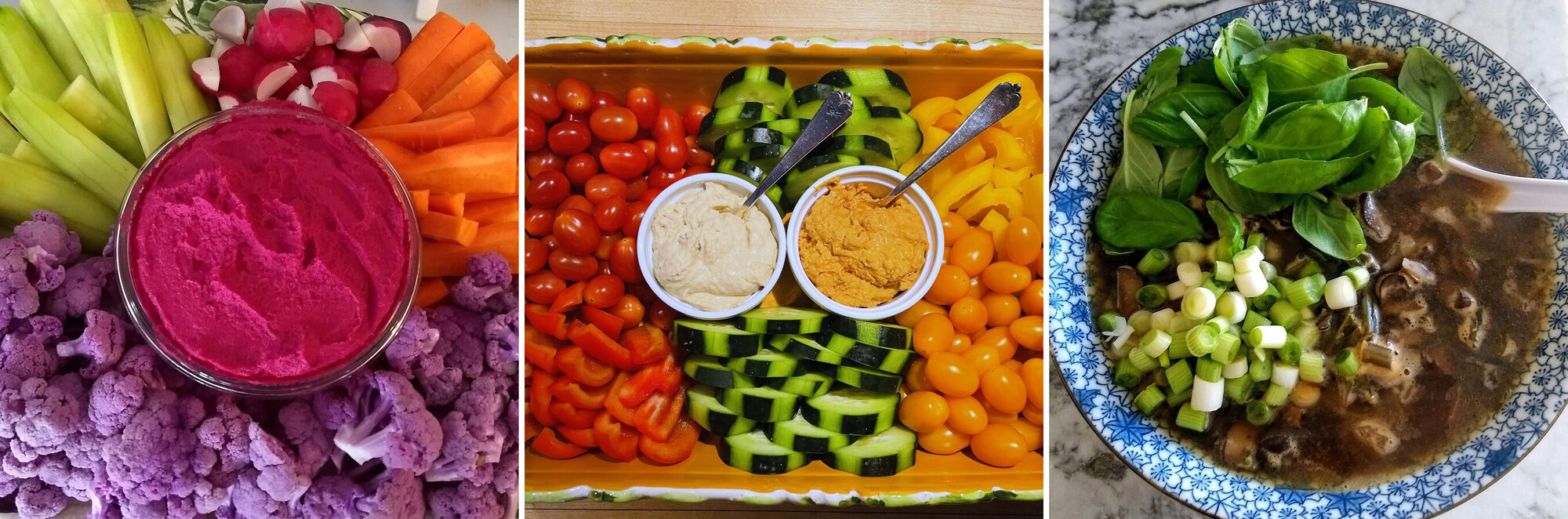 Three of Anna's dishes: a beet hummus platter, a rainbow veggie tray, and a fresh herb soup
